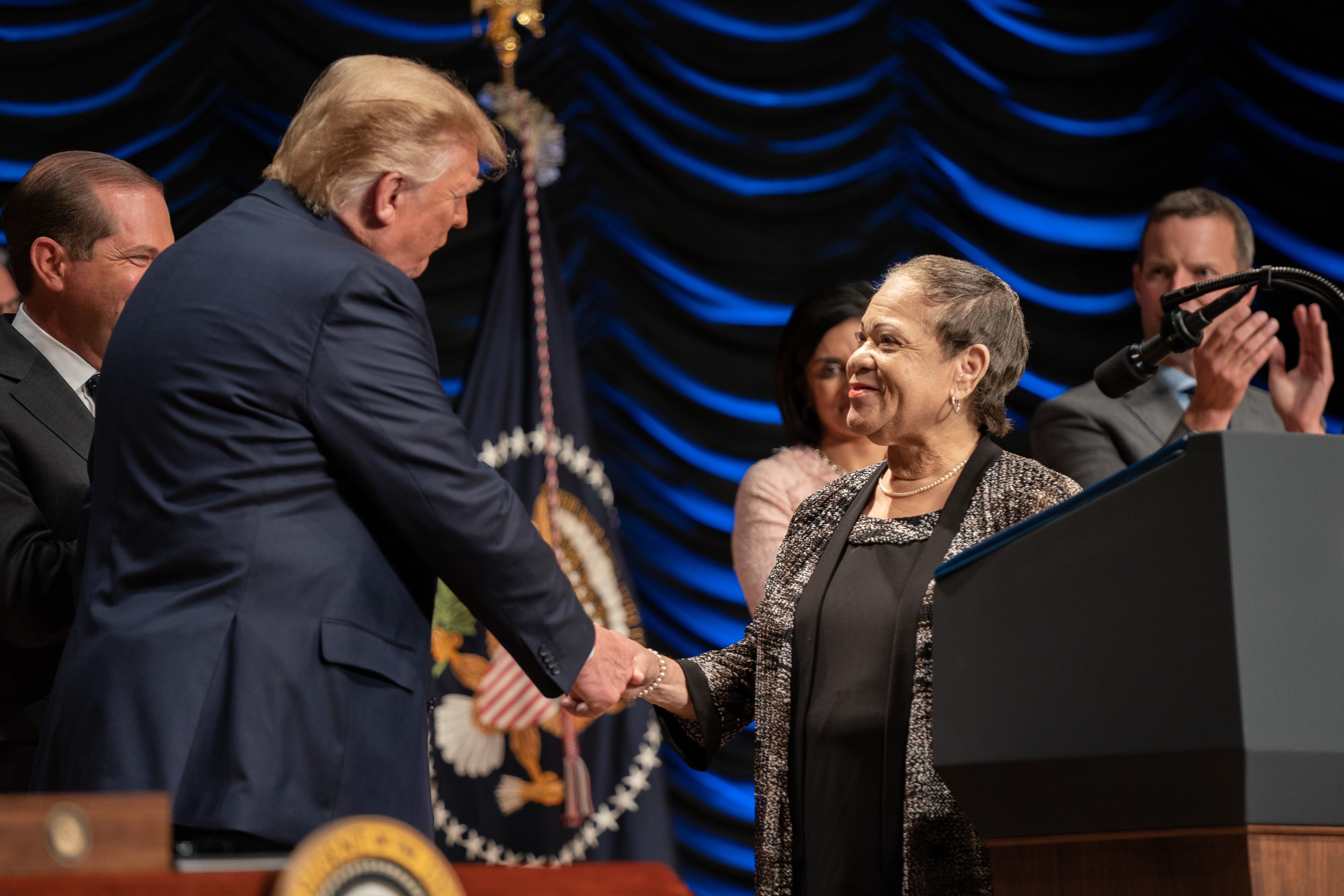 President Donald J. Trump thanks DPC Board Member Nancy Scott prior to signing an Executive Order on Advancing American Kidney Health Wednesday, July 10, 2019, at the Ronald Reagan Building and International Trade Center in Washington, D.C. (Official White House Photo by Shealah Craighead)