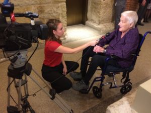 Kathleen Haines being interviewed by a Springfield reporter.