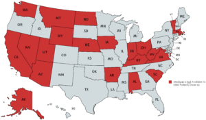 Map of the United States that identifies states in red that do not guarantee access to Medigap for dialysis patients under age 65.
