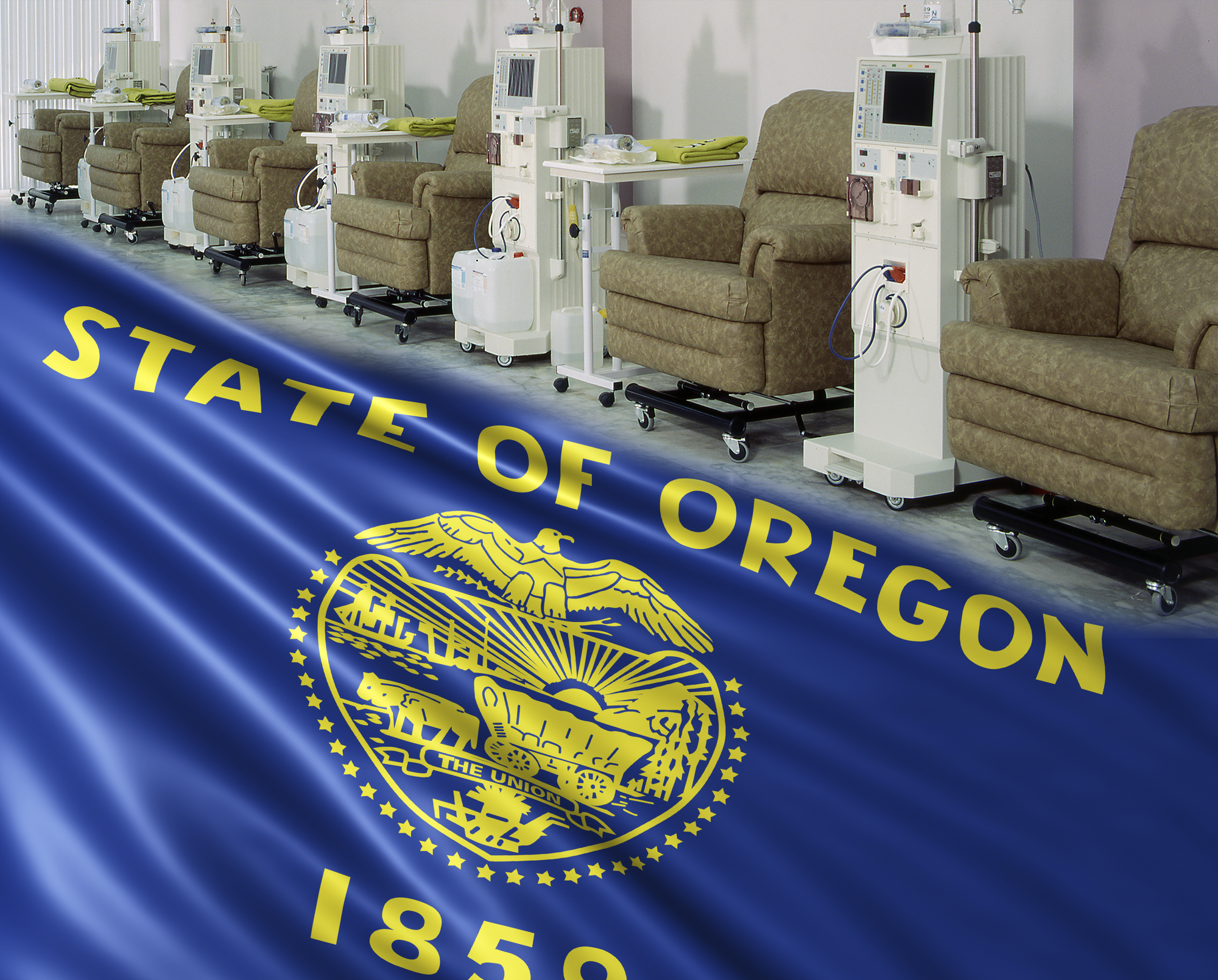 row of dialysis chairs at a clinic with Oregon state flag blended into the picture